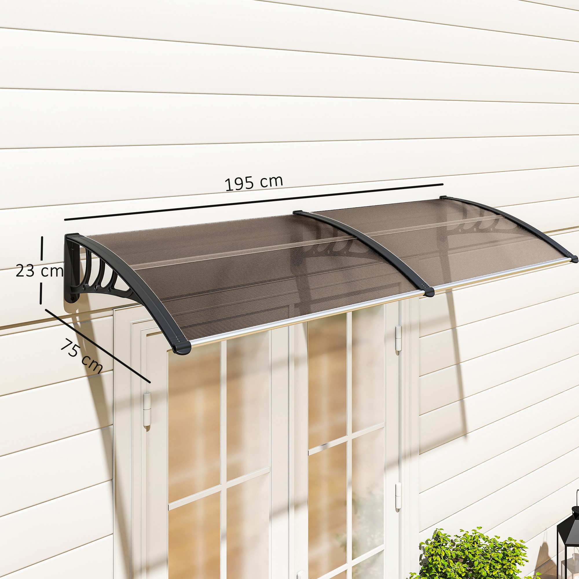 Marquesinas Exterior para Puertas y Ventanas, 195x75 cm, Tejadillo de Protección contra Sol y Lluvia, con Cubierta de Policarbonato, Soporte de Aleación de Aluminio, Marrón