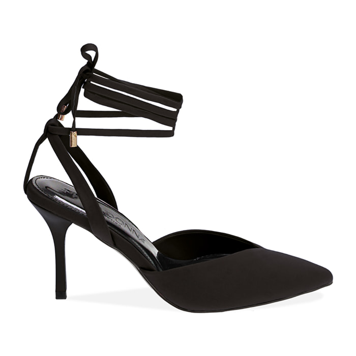 Zapatos de salón slingback negros de tela con cordones para mujer
