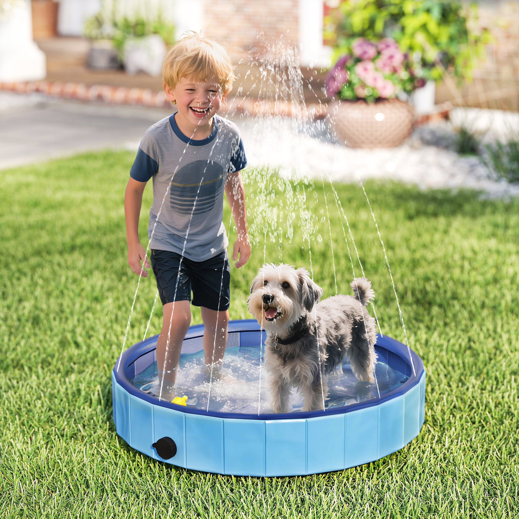 Piscina para Perros Plegable con Aspersor Bañera Portátil para Mascotas Pequeños de PVC Antideslizante y Resistente al Desgaste para Interiores y Exteriores Ø80x20 cm Azul Claro