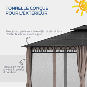 Pavillon de jardin tonnelle rigide dim. 3,6L x 3l x 2,78H m rideaux latéraux anti-UV structure gris toit polycarbonate noir