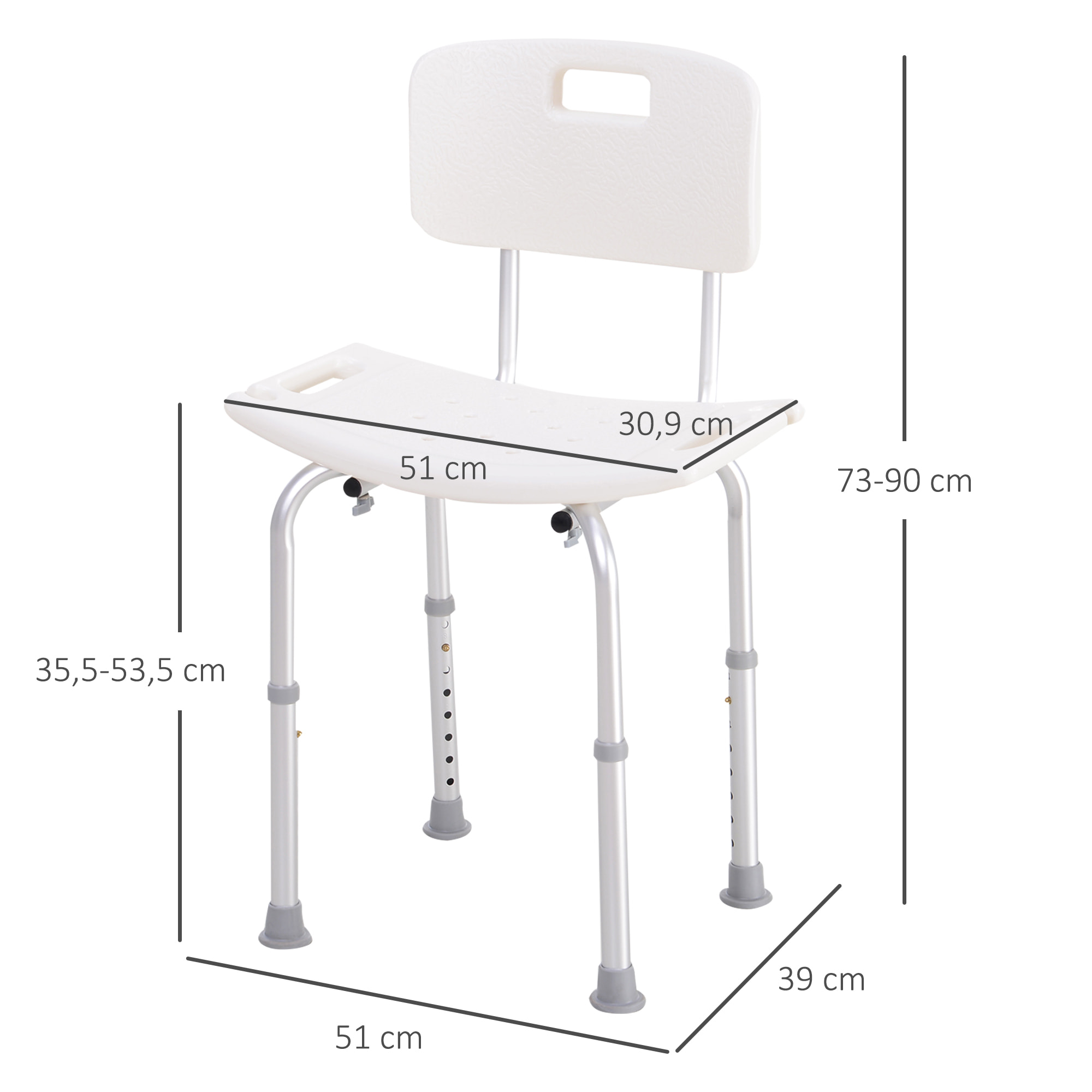 Chaise de douche siège de douche ergonomique hauteur réglable pieds antidérapants charge max. 136 Kg alu HDPE blanc