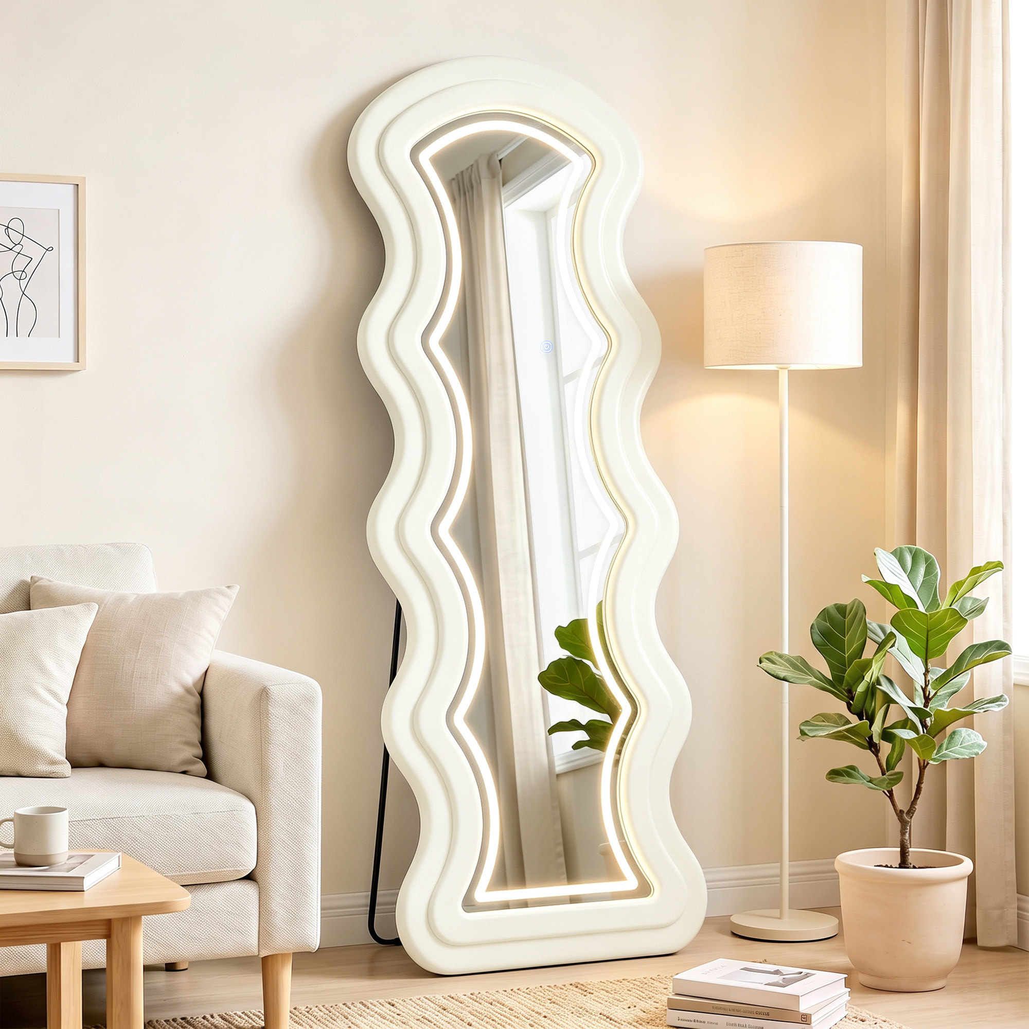 Miroir LED ondulé pleine longueur 160x60cm 3 couleurs cadre effet velours crème