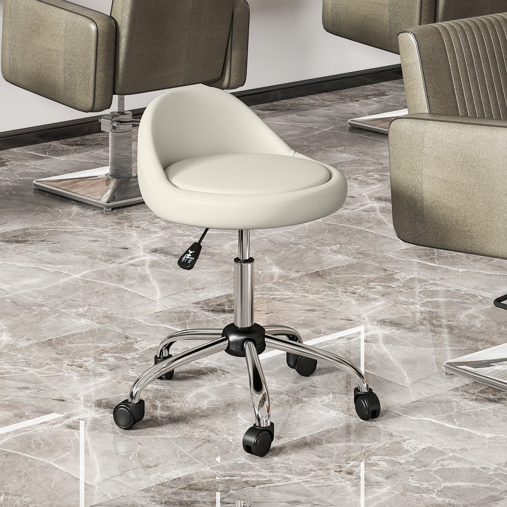Taburete con Ruedas, Taburete Giratorio Cosmético con Altura Ajustable, Cuero Sintético, Asiento Acolchado y Amplio, para Dentista y Peluquería, Carga 120 kg, Ø50x63-83 cm, Blanco