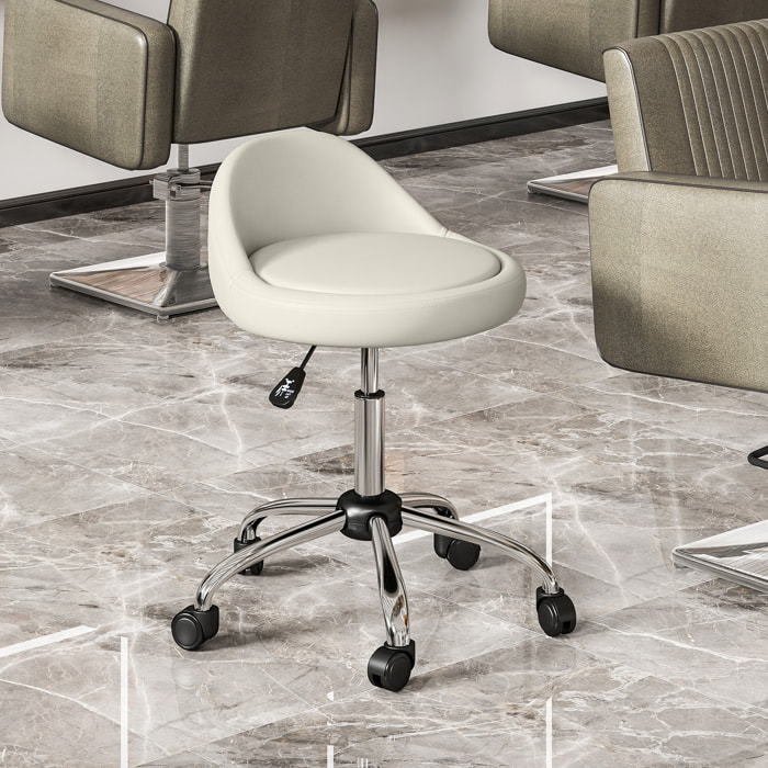 Taburete con Ruedas, Taburete Giratorio Cosmético con Altura Ajustable, Cuero Sintético, Asiento Acolchado y Amplio, para Dentista y Peluquería, Carga 120 kg, Ø50x63-83 cm, Blanco
