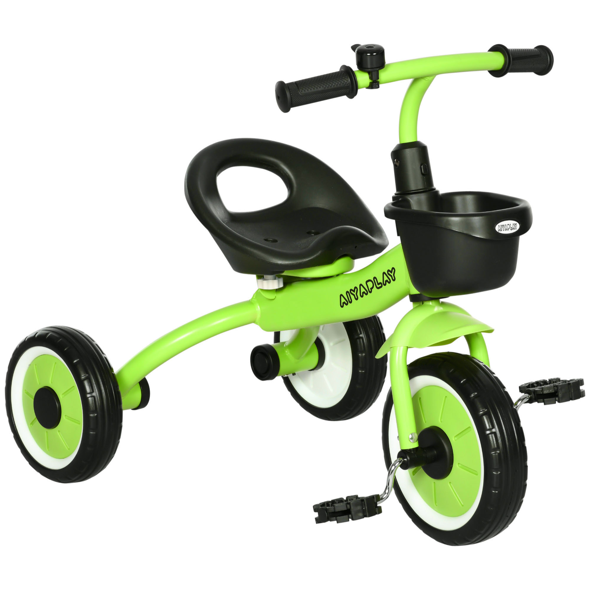 Tricycle enfant multi-équipé garde-boue sonnette panier pédales antidérapantes siège réglable avec dossier métal vert