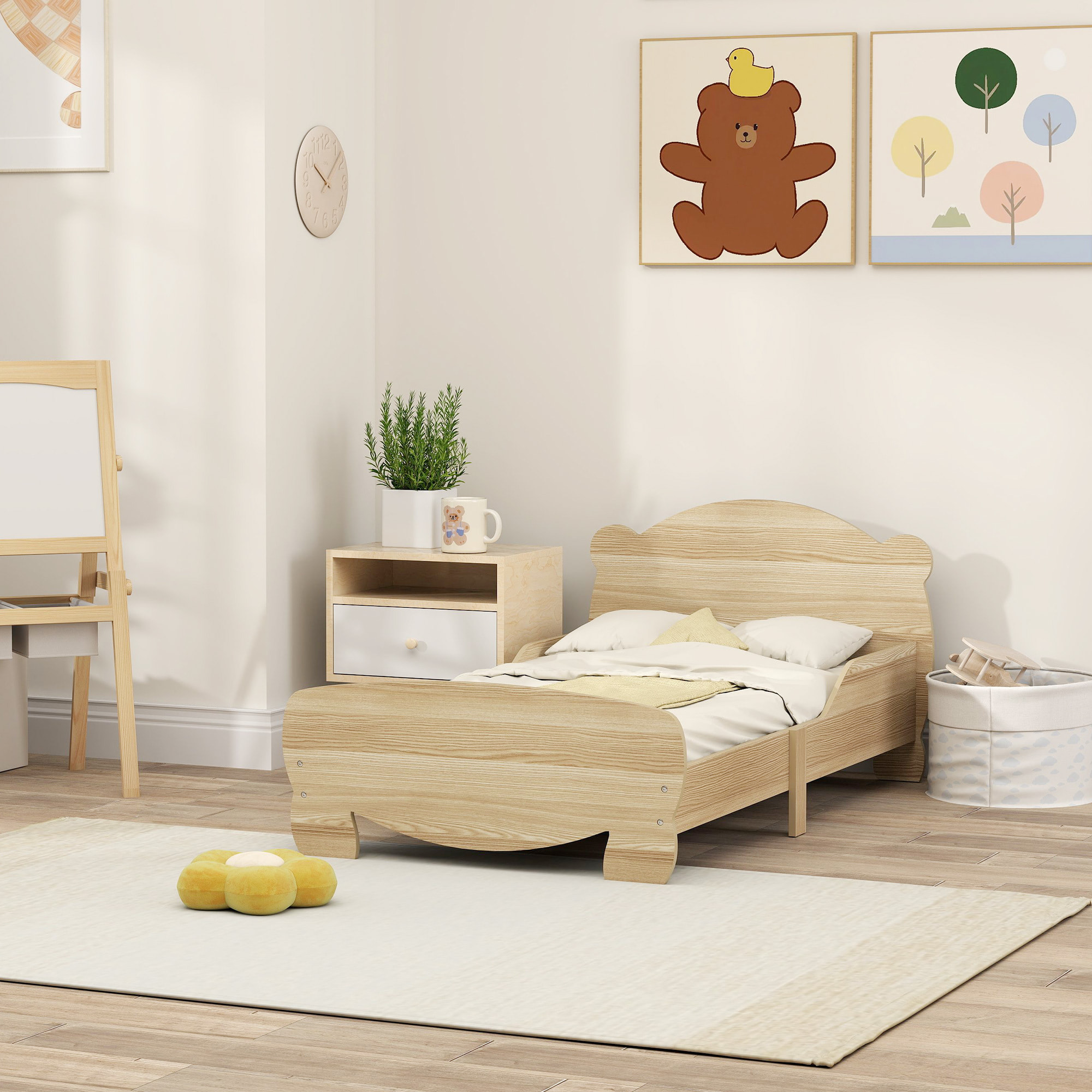 Cama para Niños de +3 Años 140x70 cm Cama Infantil de Madera Cabecero en Forma de Oso Carga 80 kg para Dormitorio Natural