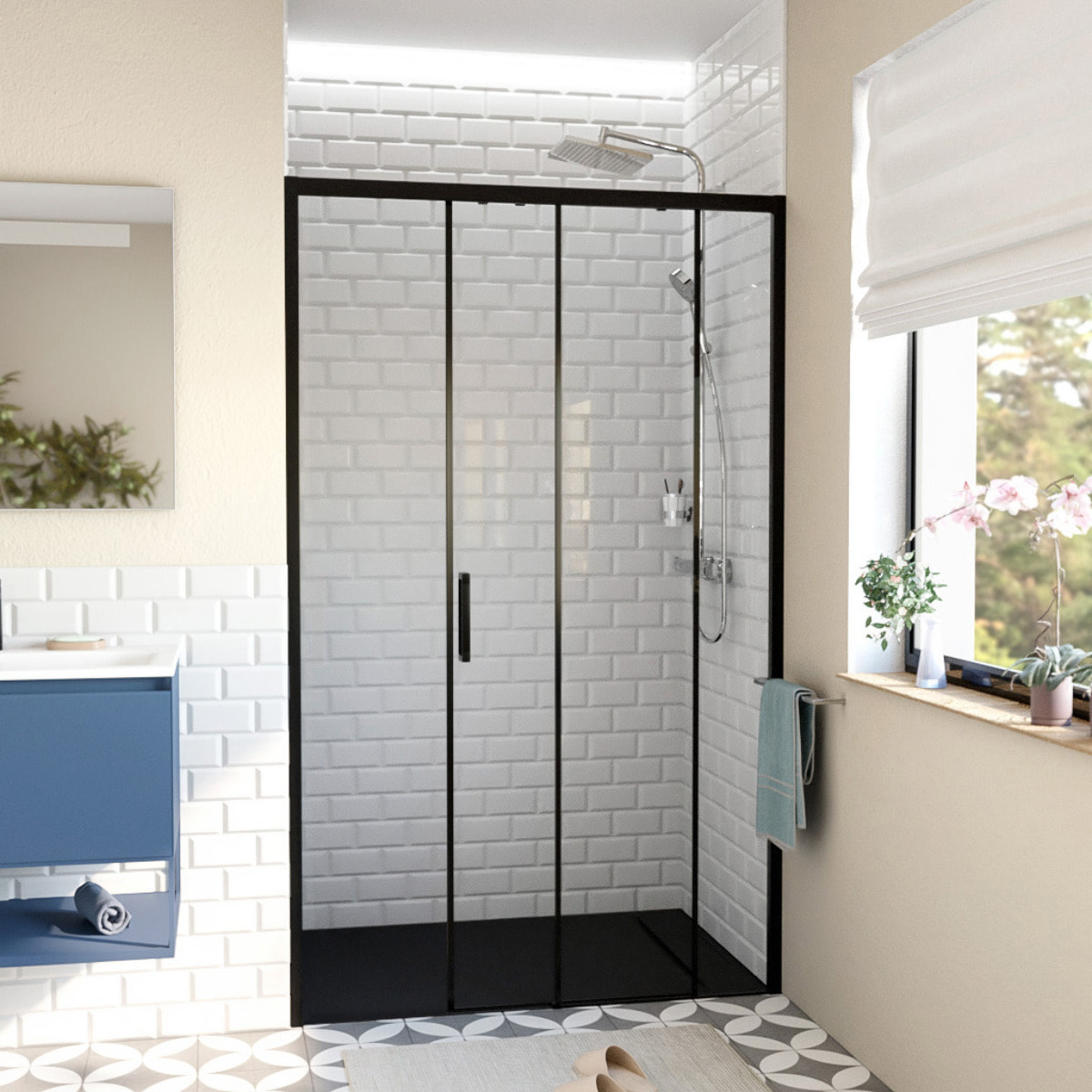 TEX BB Porte de douche 120x195cm coulissante anticalcaire avec profilés noir mat  (TEXDBB120CT-SET)