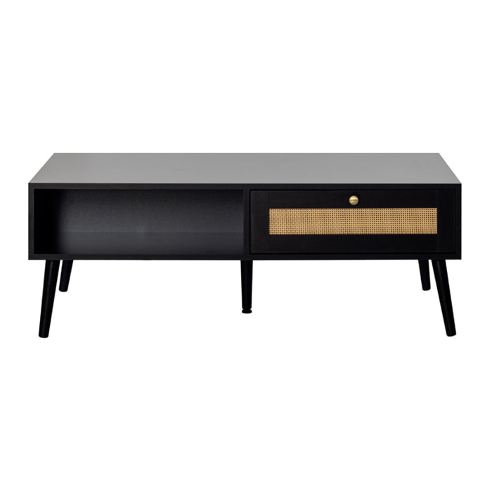 Goto - table basse - noir et cannage - 1 tiroir et 1 niche - 110 cm - Noir