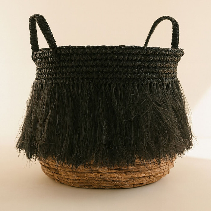Panier à franges en raphia noir avec anses 36cm TYM