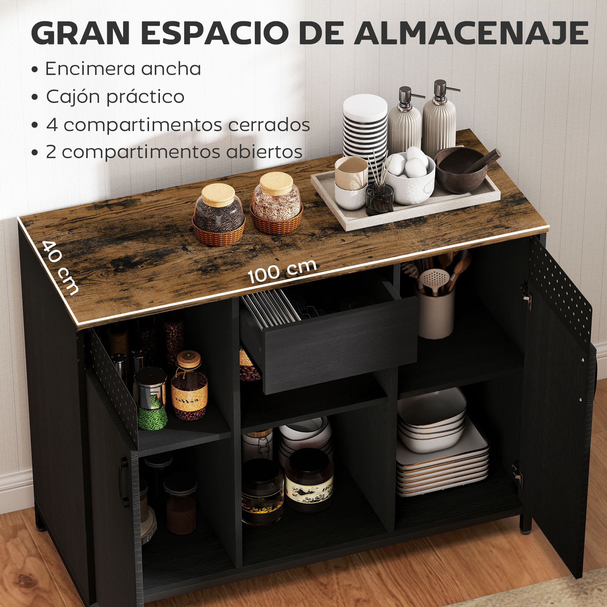 Aparador de 2 Puertas con Orificios, Aparador para Salón con Cajón, Compartimentos Abiertos, Estantes Ajustables, para Cocina, Entrada, Oficina, Negro y Marrón Rústico, 100x40x80 cm