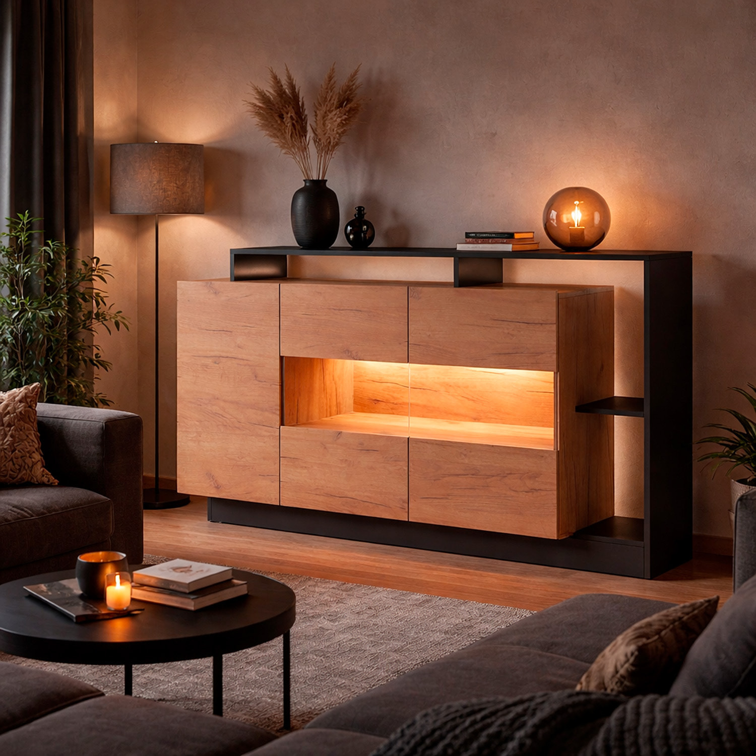 Credenza Con Vetrina Moderna Mobile contenitore Con Ripiani Interni In Melaminico Ideale Per Soggiorno 155 x 44 x 93 cm Rovere e Antracite