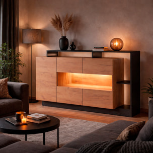 Credenza Con Vetrina Moderna Mobile contenitore Con Ripiani Interni In Melaminico Ideale Per Soggiorno 155 x 44 x 93 cm Rovere e Antracite