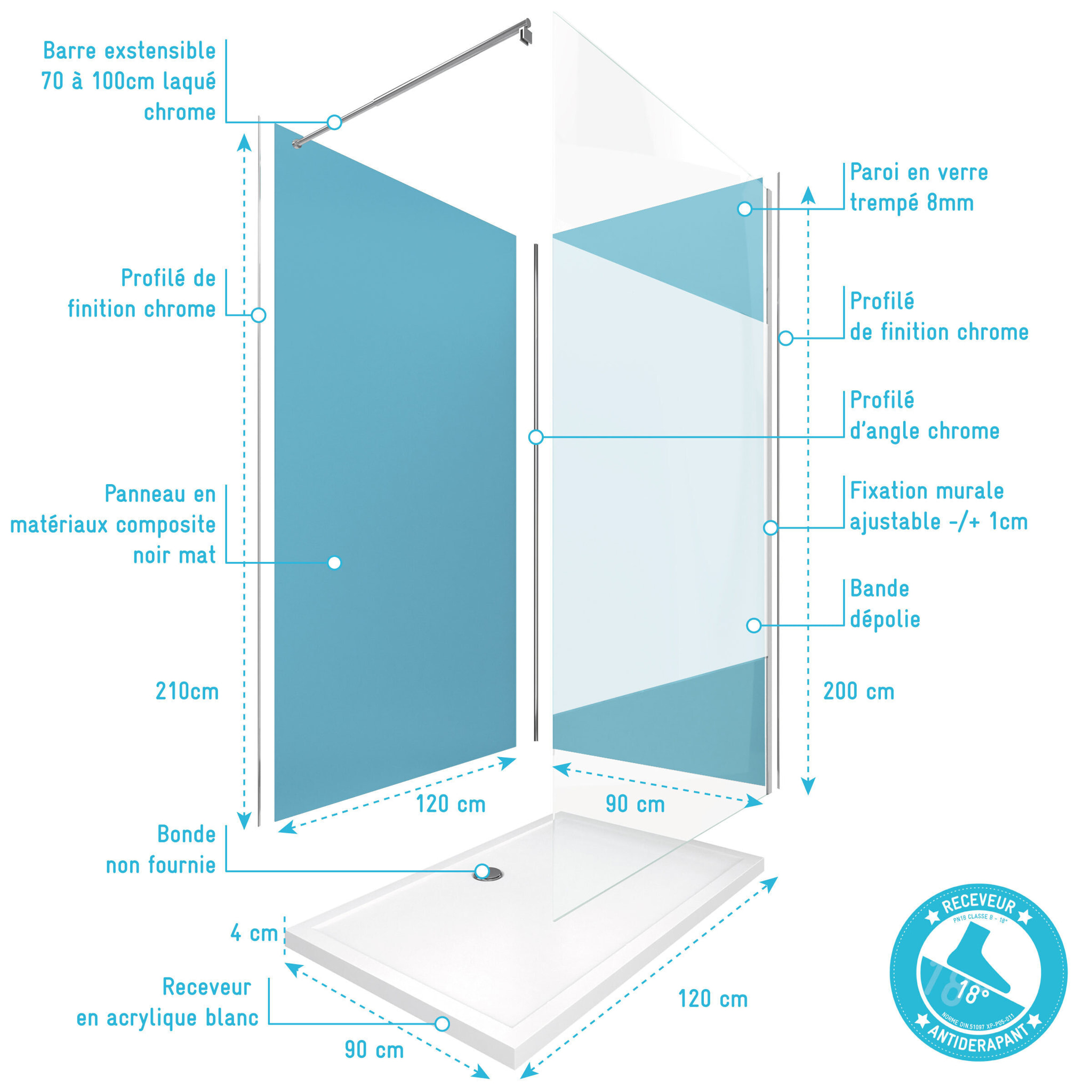 Pack Douche a l'Italienne 90x120 - Kit Panneaux Muraux Bleu/Chrome + Receveur + Paroi Depolie 8 mm