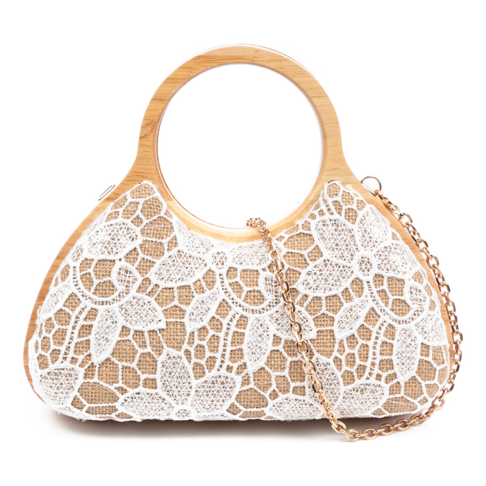 Avisio borsa a mano realizzata in legno naturale, cotone e juta con design in rete di tessuto floreale
