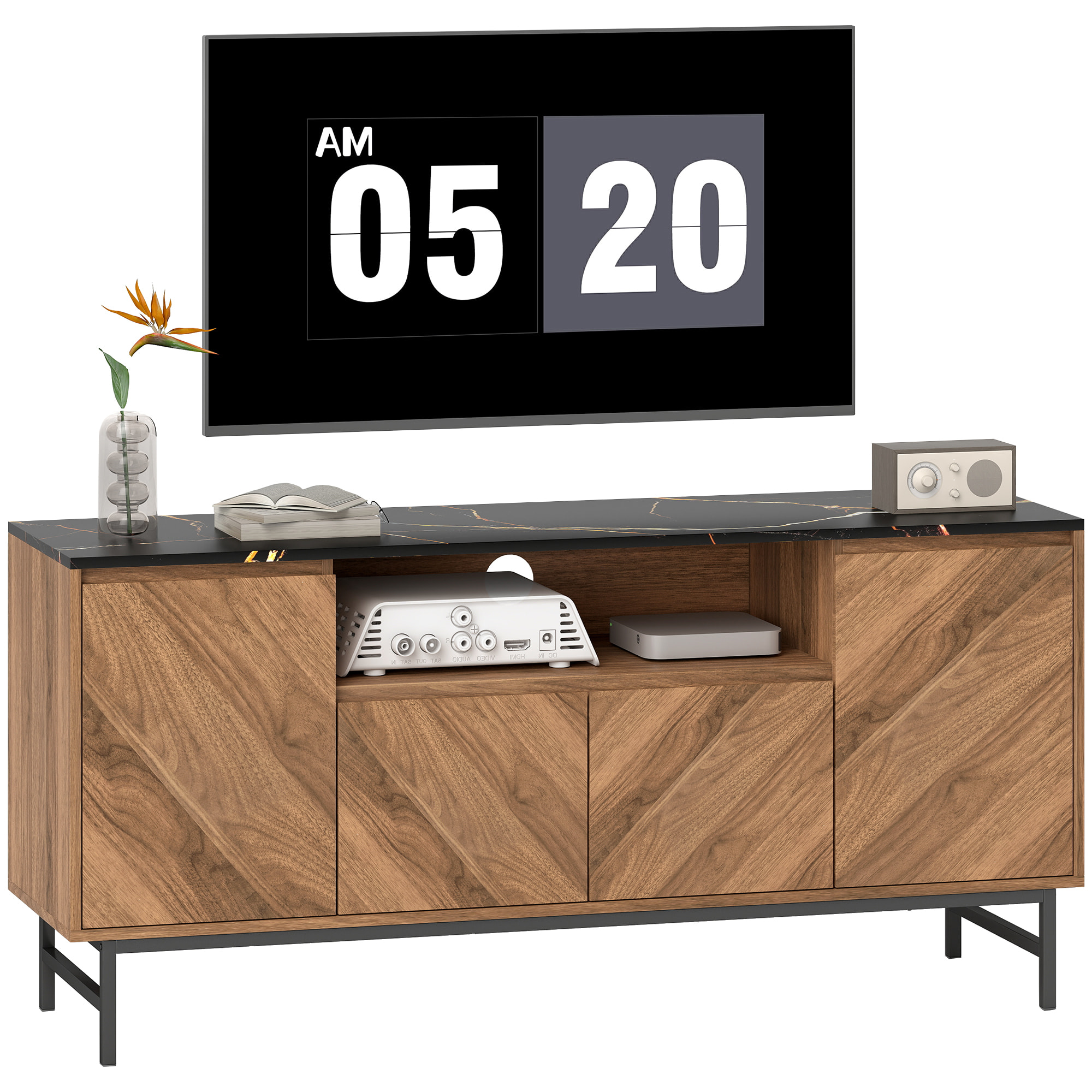 Meuble TV jusqu'à 65 pouces meuble télé aspect bois avec compartiment ouvert, portes, étagères réglables et passe-câbles, 140x39x66cm