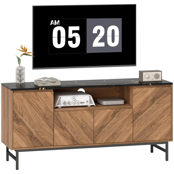 Meuble TV jusqu'à 65 pouces meuble télé aspect bois avec compartiment ouvert, portes, étagères réglables et passe-câbles, 140x39x66cm