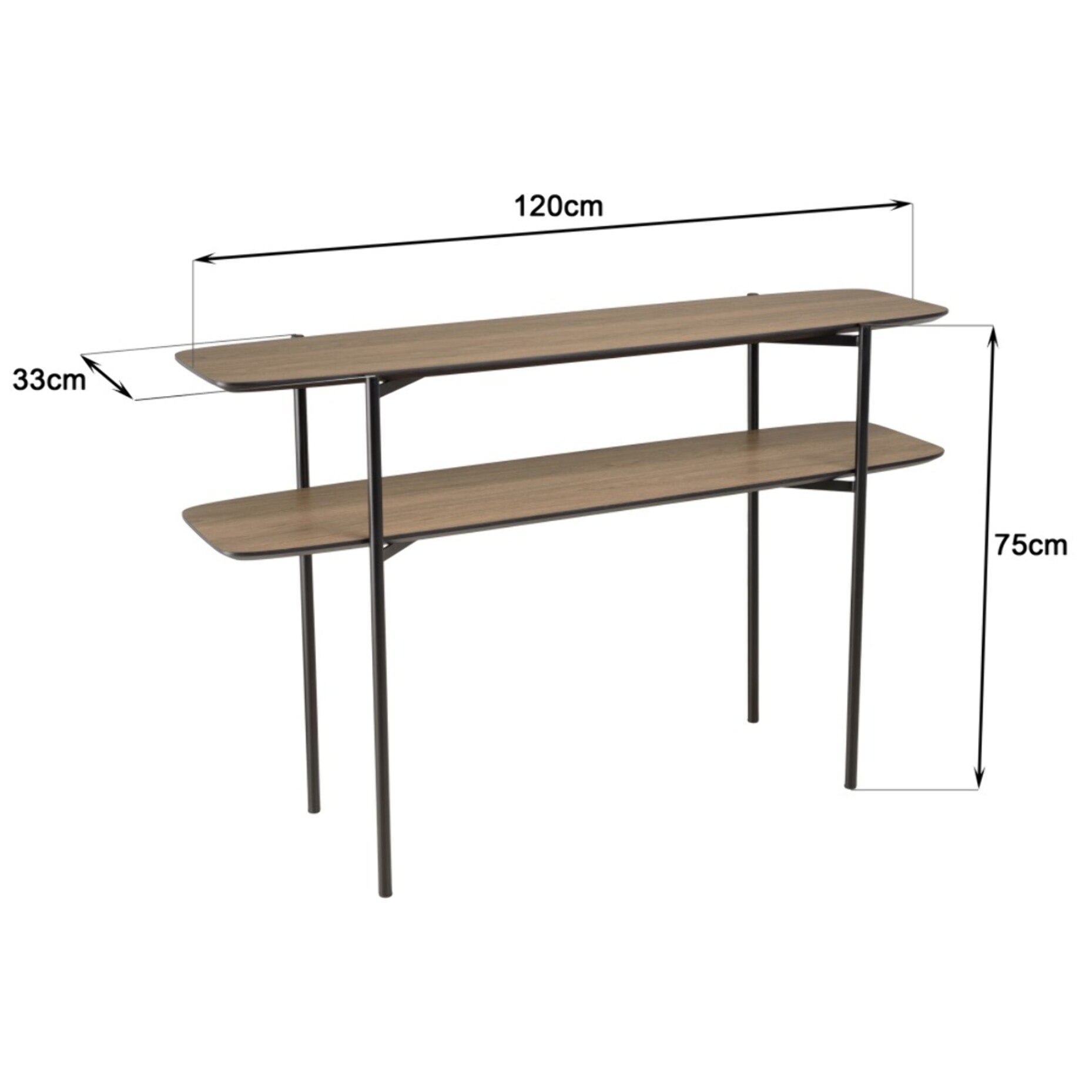 JULIA - Console double plateau 120x33cm couleur mocha pieds métal noir