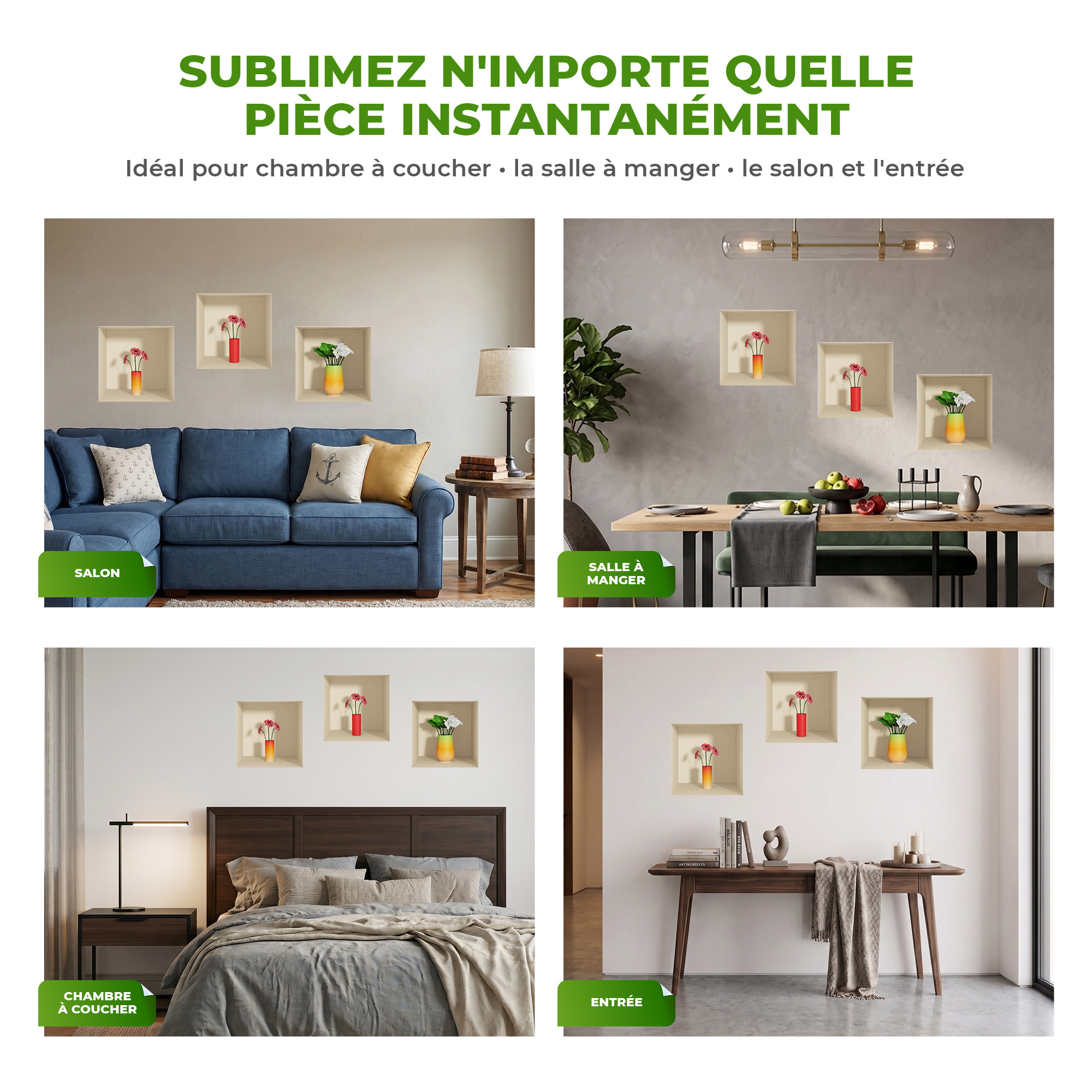 Stickers muraux 3D | Sticker Mural Autocollant effet 3D fleurs rouge et blanc - Stickers adhésifs 3D Chambre Salon Trompe l'oeil