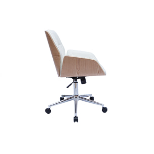 Chaise de bureau à roulettes design blanc, bois clair et acier chromé  MARLOW