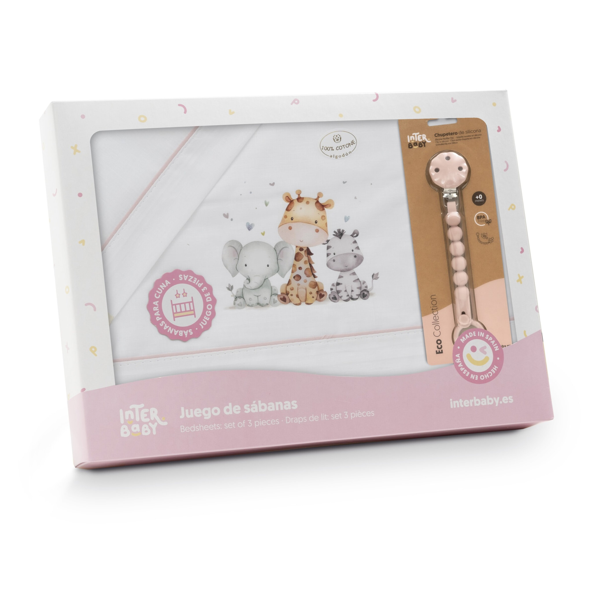 Juego de Sábanas para Cuna mod. Estampado Jirafa Elefante con Broche Muselina