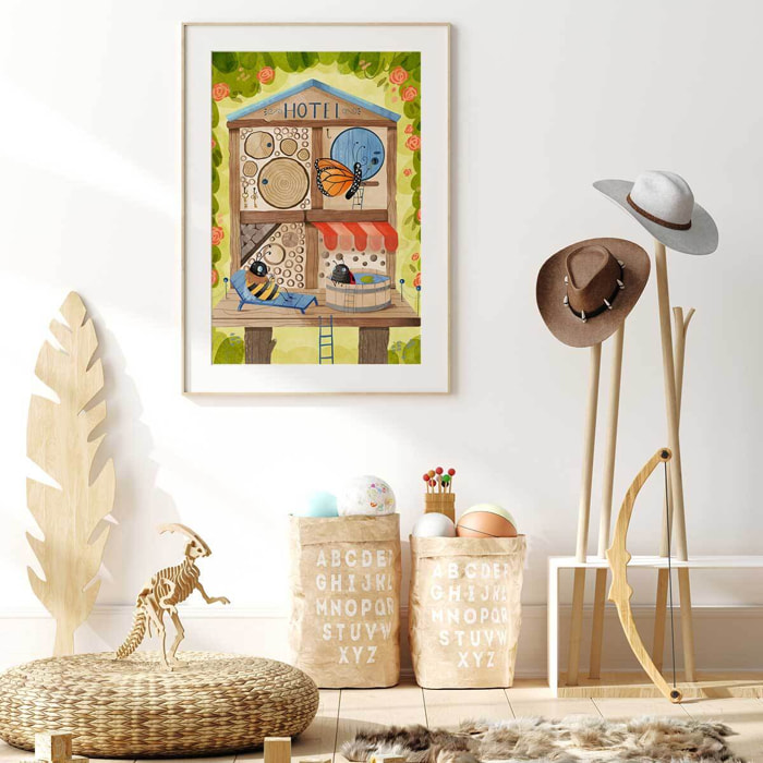 Affiche enfant hôtel pour insectes  Affiche + cadre en bois - Chêne