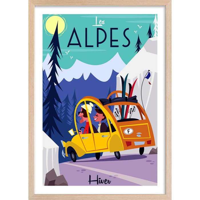 Poster de sur la route des alpes Affiche + cadre en bois - Chêne