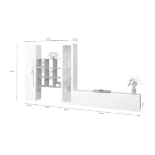 Parete attrezzata Emilio, Set salotto porta TV a 3 ante, Mobile soggiorno multiuso con vetrina e luce LED, 100% Made in Italy, cm 310x30h180, Bianco lucido e Acero