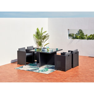 Table et chaises 4 places encastrables en résine noir-gris REGINA