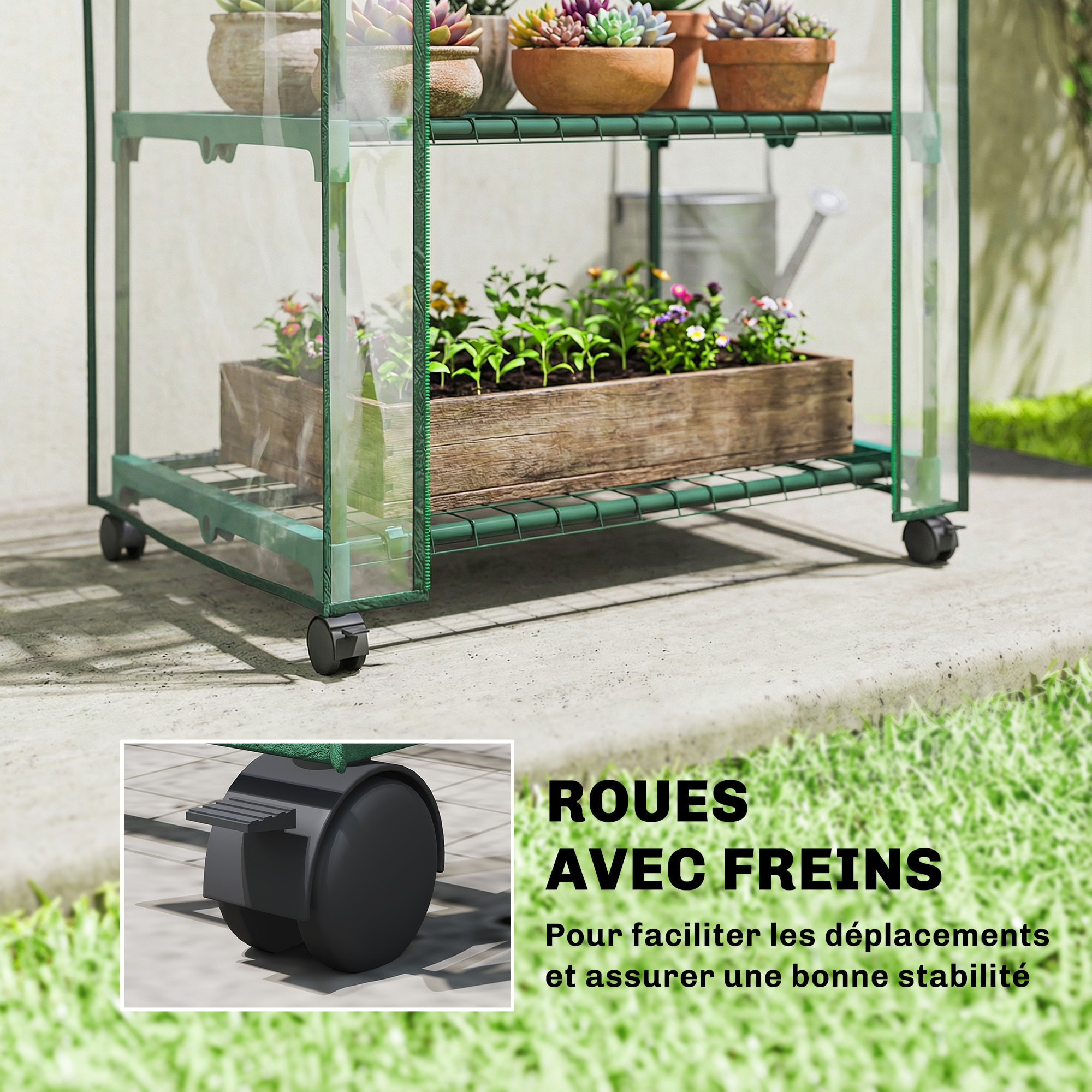 Mini serre de jardin 3 étagères porte enroulable 4 roulettes PE transparent