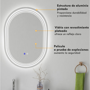 Espejo Baño con Luz, 70x50 cm, Espejo de Pared con 3 Colores de Luz, Brillo Regulable, Función Antivaho, Función de Memoria, Interruptor Táctil, IP44, Horizontal/Vertical