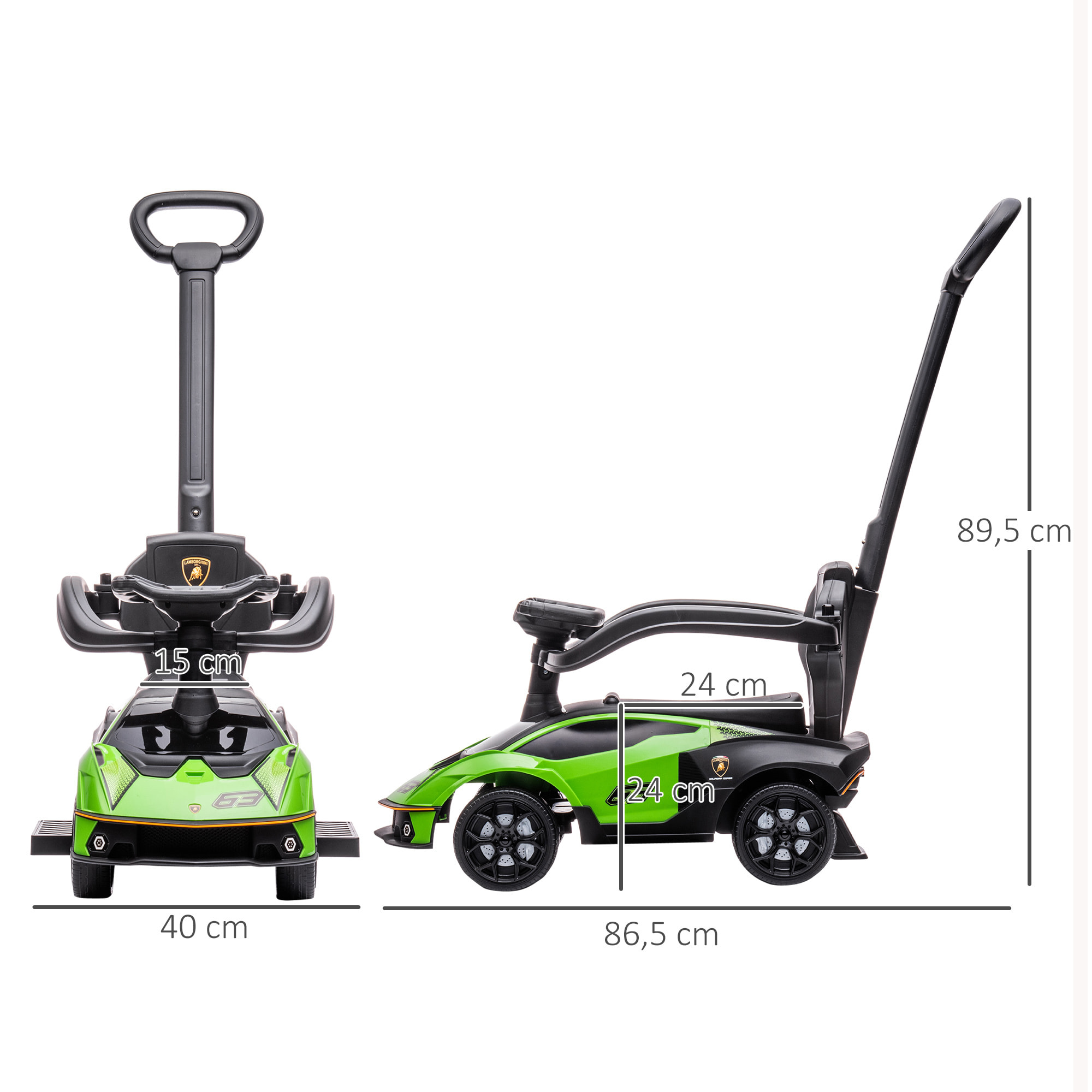 2 en 1 Coche Correpasillos para Niños 12-36 Meses Lamborghini Essenza SCV12 Andador Empujador con Bocina Mango de Empuje y Barandilla Extraíbles 86,5x40x89,5 cm Verde y Negro