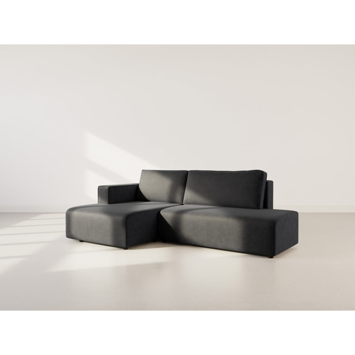 Topaze - canapé d'angle gauche 4 places convertible avec coffre en velours côtelé - Noir