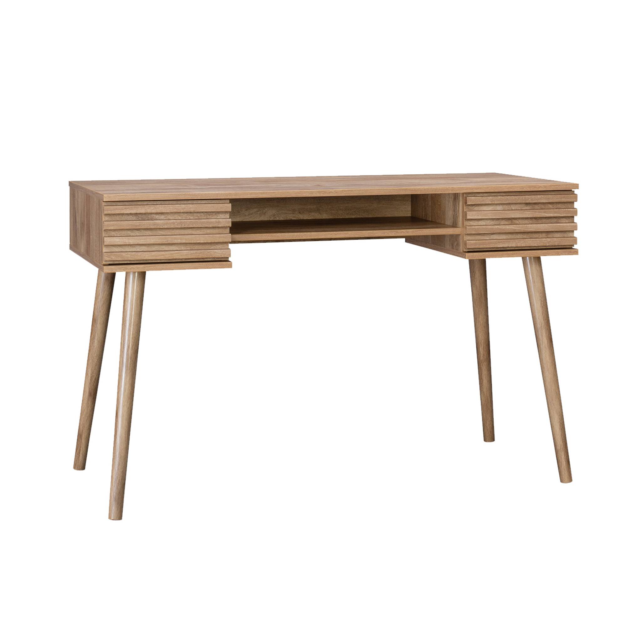Bureau effet bois 2 tiroirs MADERE naturel. 1 casier. façade rainurées. 120 x 55 x 76.5 cm