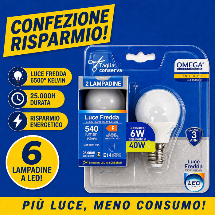 OMEGA Set 6 lampadine sfera led 6W E27 6500K