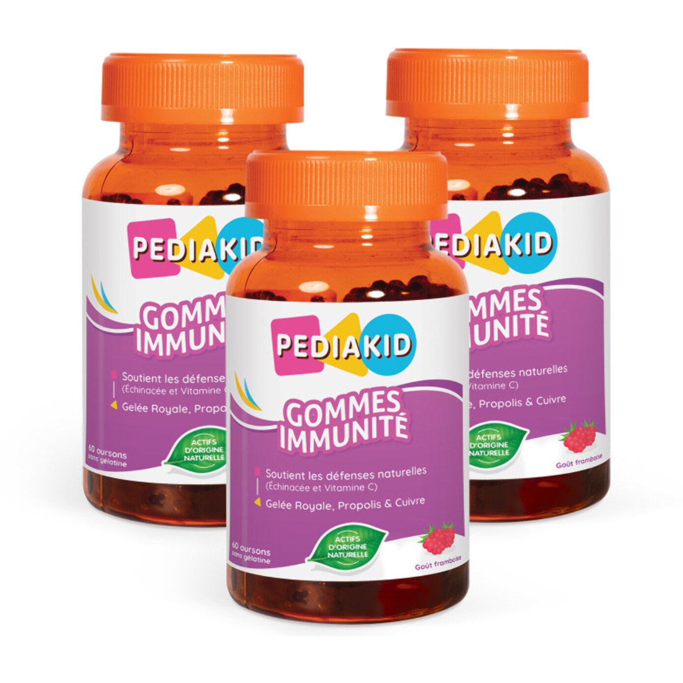 PEDIAKID - Gommes Immunité - Formule Naturelle au Délicieux Arôme de Framboise - Contribue au Fonctionnement Normal du Système Immunitaire - Soutient les Défenses de l'Organisme - Lot de 3 piluliers