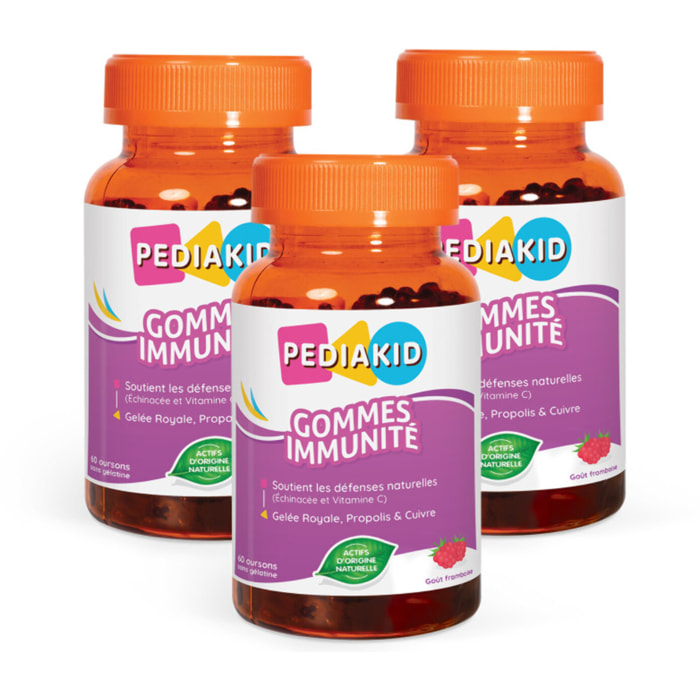 PEDIAKID - Gommes Immunité - Formule Naturelle au Délicieux Arôme de Framboise - Contribue au Fonctionnement Normal du Système Immunitaire - Soutient les Défenses de l'Organisme - Lot de 3 piluliers
