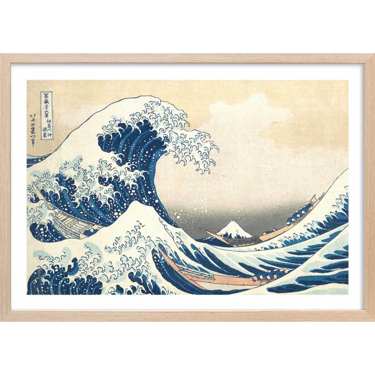 Poster The Great Wave off Kanagawa par Hokusai Affiche + cadre en bois - Chêne