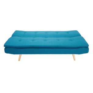 Canapé convertible scandinave 3 places en tissu bleu canard et bois clair SENSO