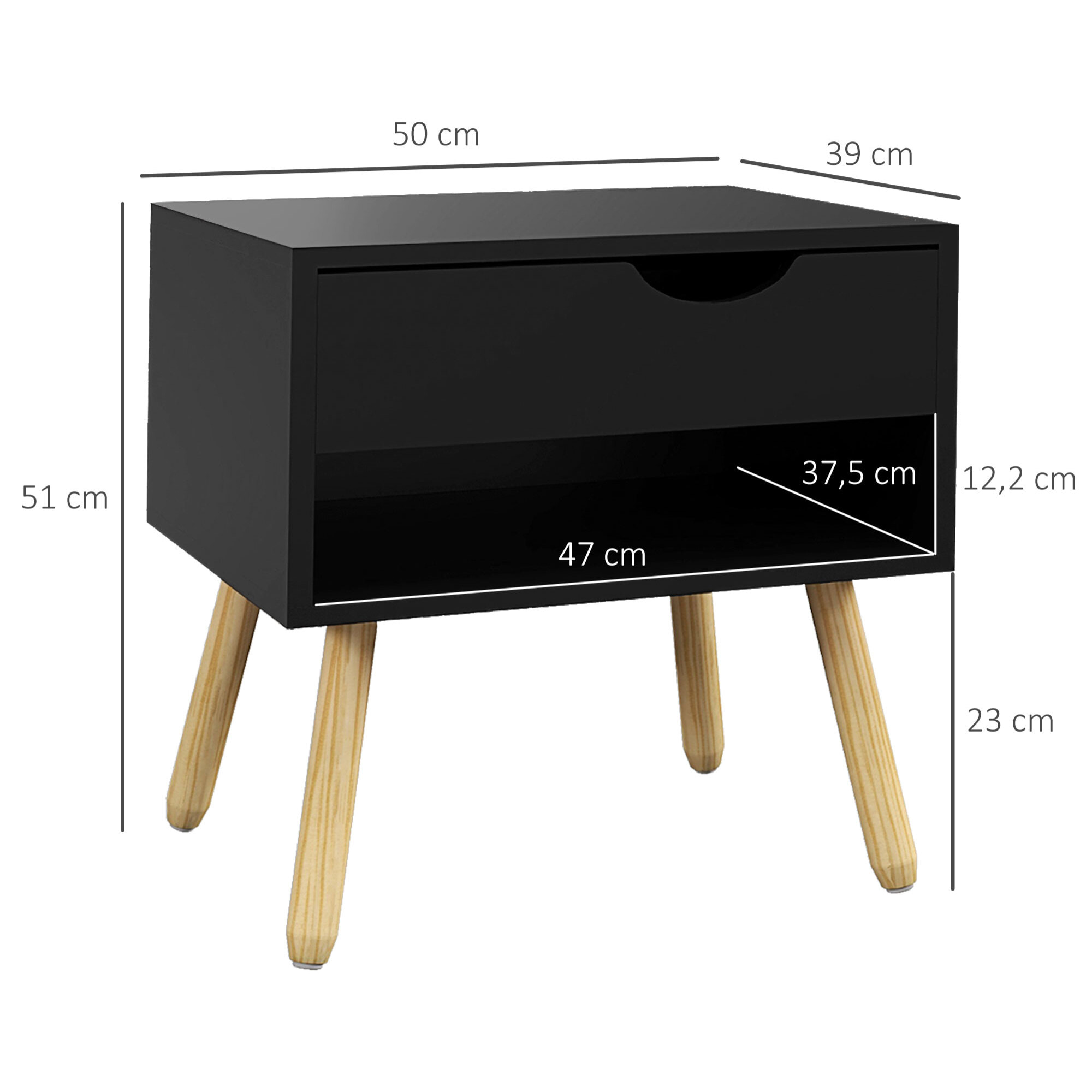 Lot de 2 tables de chevet design scandinave - tiroir, niche - piètement bois pin - noir