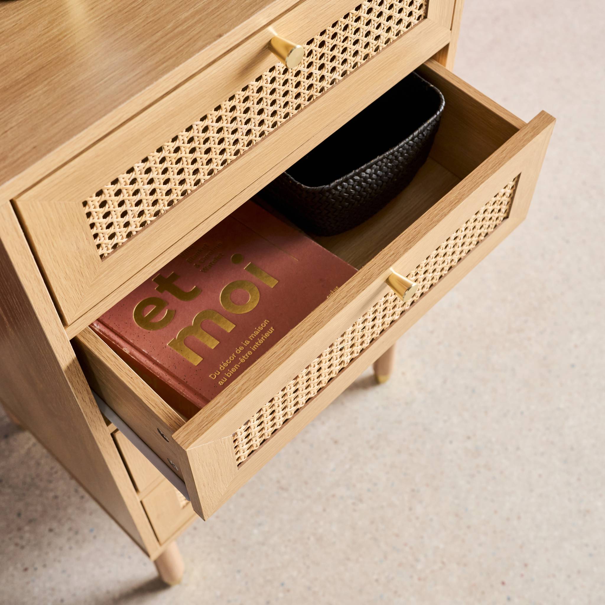 Commode chiffonnier décor bois et cannage 4 tiroirs teinte naturelle - 50 x 40 x 96 cm - Judith