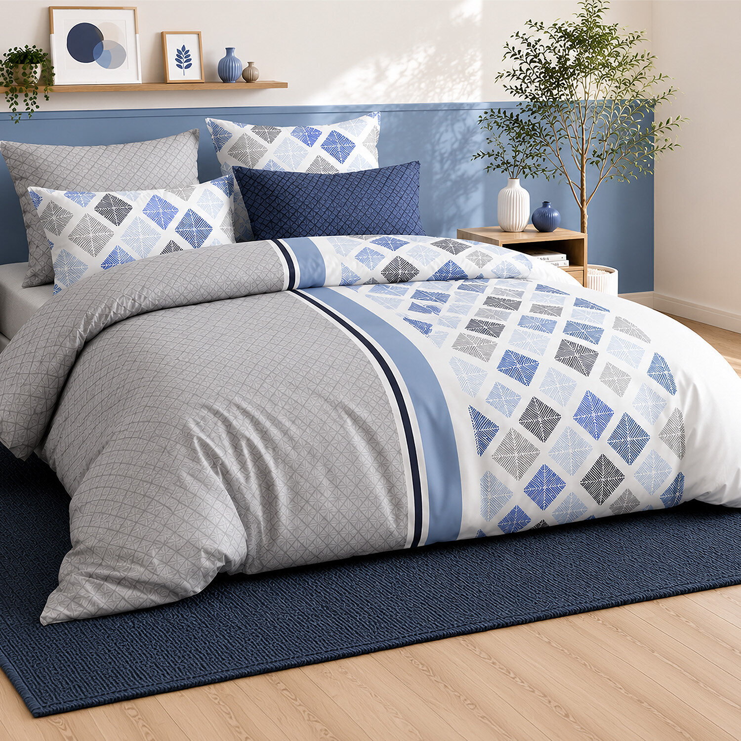 Parure housse de couette 100% percale de coton motif géométrique à losanges - BLUANCE