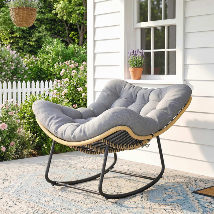 Fauteuil à bascule avec coussin design résine filaire effet rotin naturel métal noir