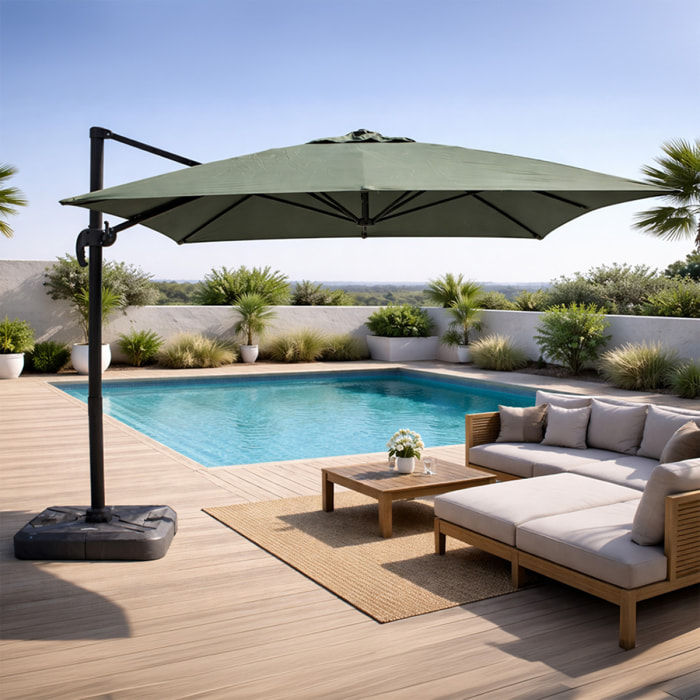 Parasol rectangulaire 3x4m déporté rotatif vert en aluminium NAVIA