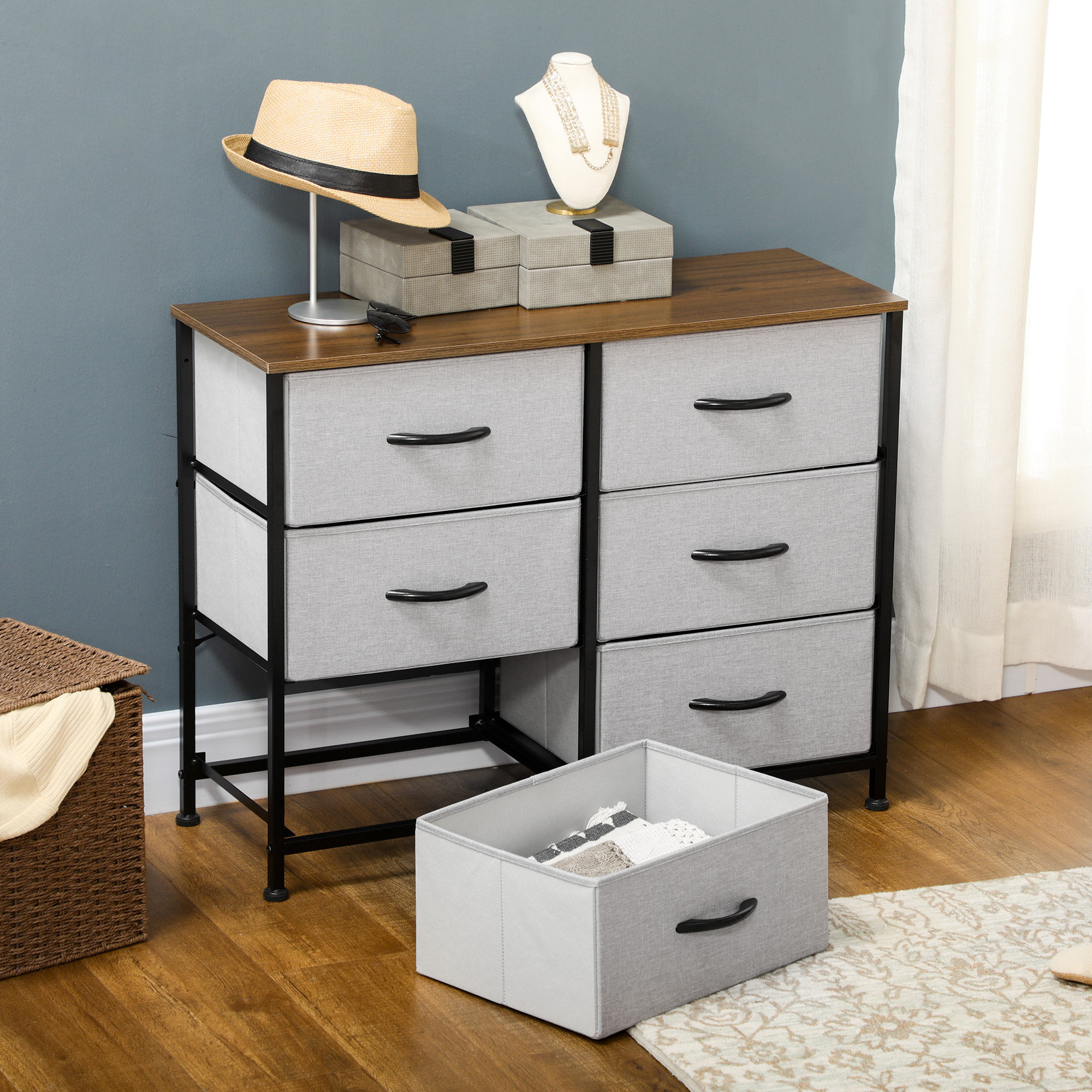 Commode meuble de rangement 6 tiroirs pliables châssis acier noir plateau aspect bois non tissé gris