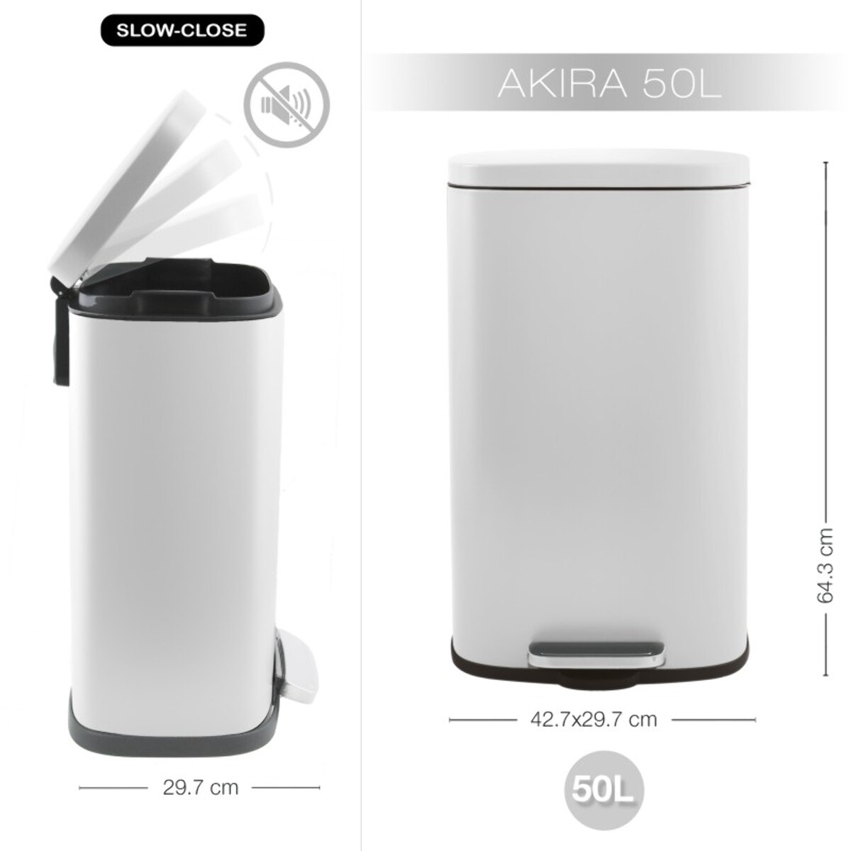 Poubelle à pédale de cuisine Acier AKIRA 50L Blanc mat Spirella