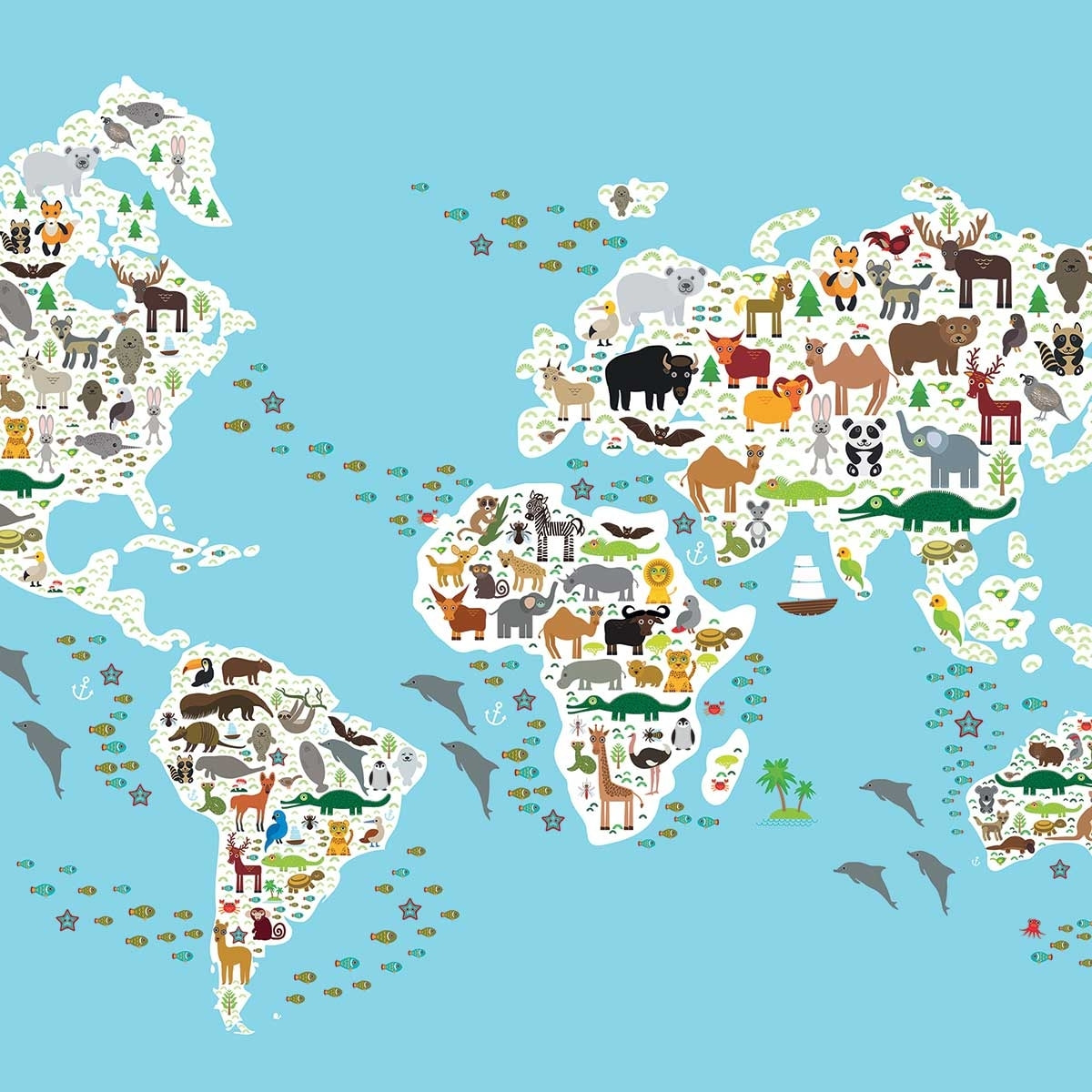 Tableau carte du monde animaux Toile imprimée