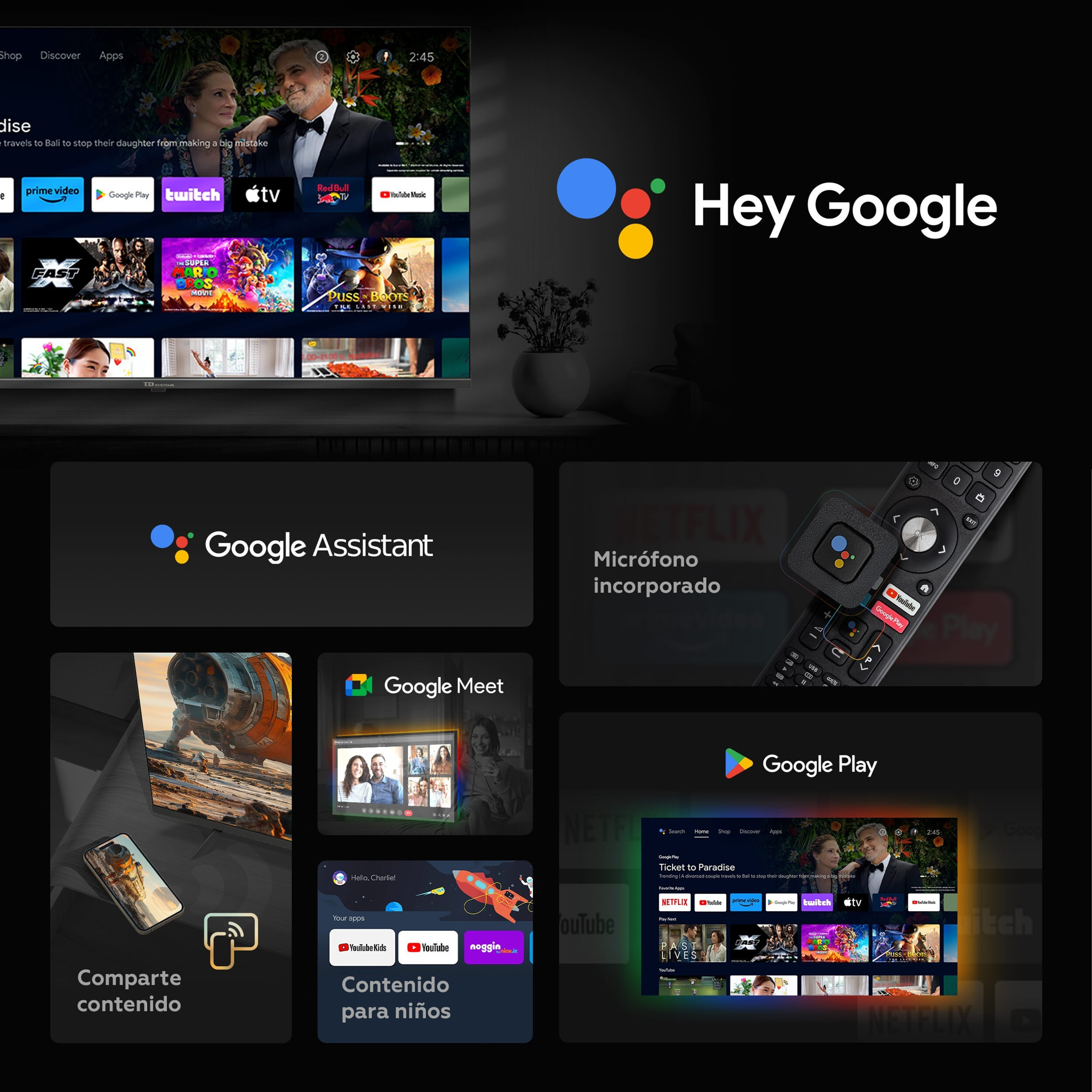Smart TV 50 pulgadas 4K Hey Google Official Assistant con control por voz. Televisor Android 14 - TD Systems M50C21GLE