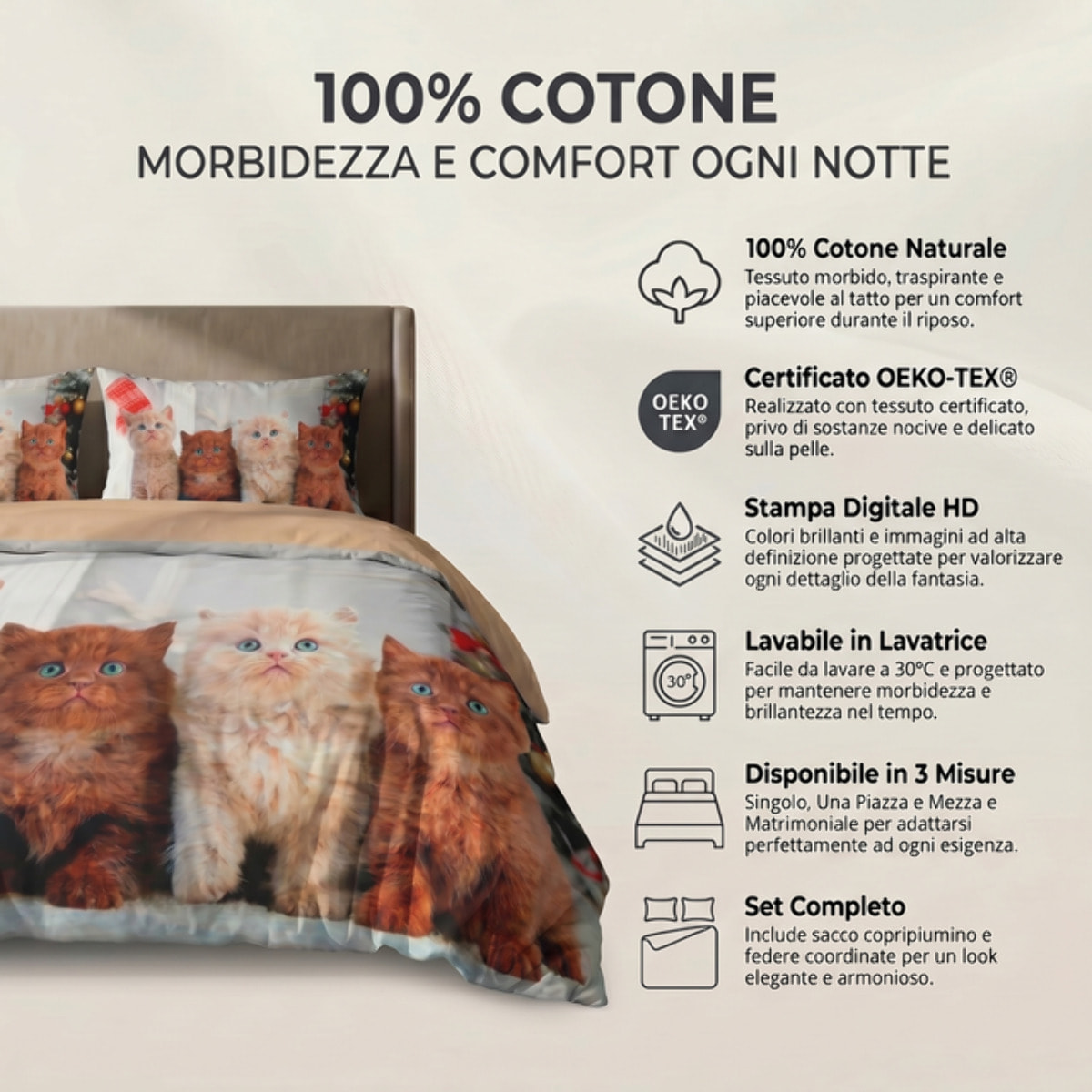 Parure Copripiumino in 100% Cotone con Federe Coordinate, Morbida e Traspirante, Certificata OEKO-TEX, Fantasie Moderne per Camera da Letto