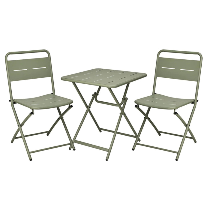Set bistro 3pzs acero verde mate (mesa 60x60cm + 2 sillas plegables) estructura con recubrimiento en polvo-conjunto jardín, terraza y balcón