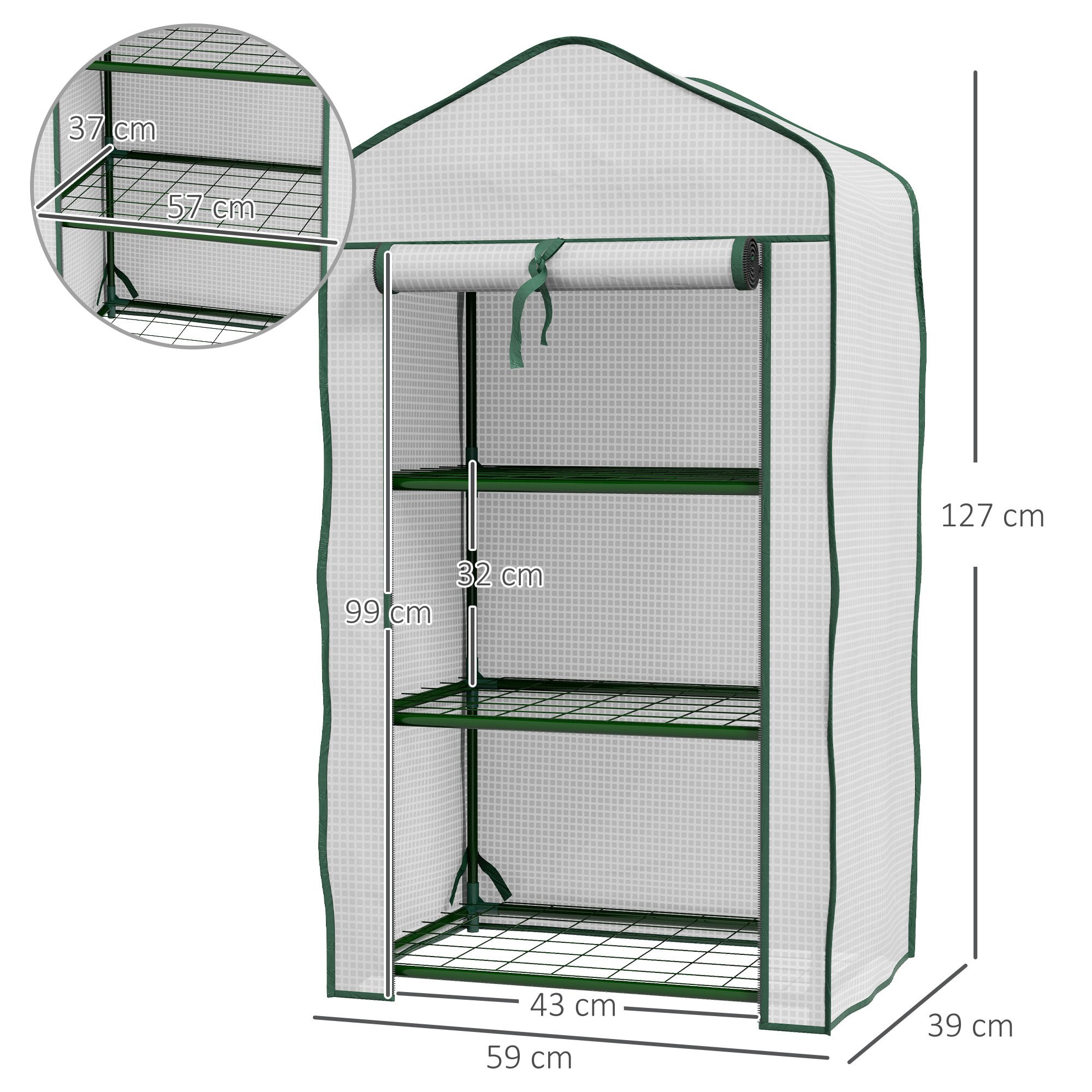 Serre de jardin balcon 3 niveaux métal thermolaqué vert PE blanc